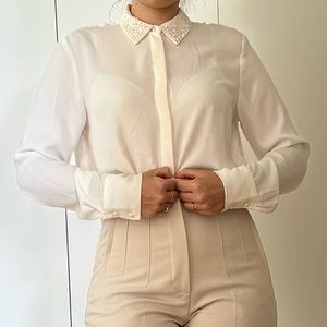 H&M embellished neck off-white blouse